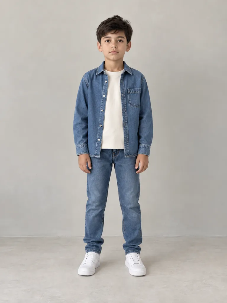 Try-on image: denim shirt on the sixth shopper.
