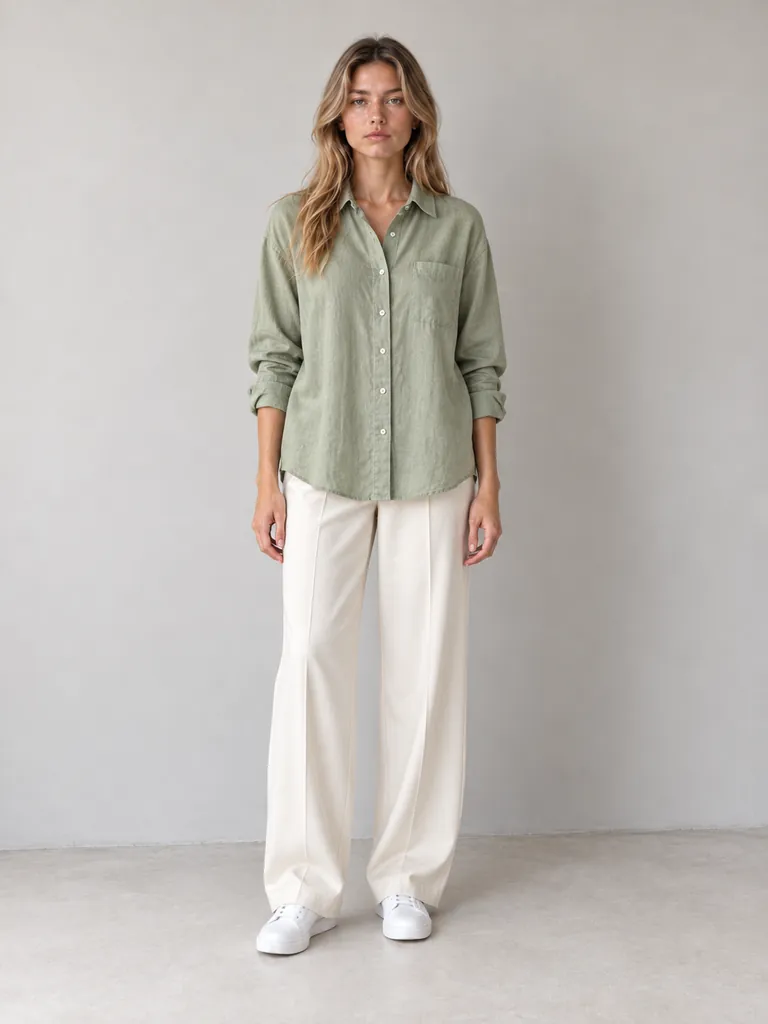 Try-on image: sage linen shirt on the third shopper.