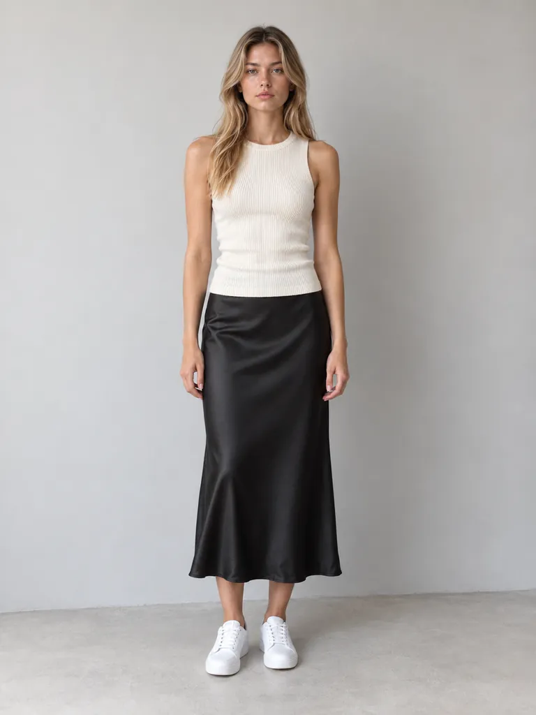 Try-on image: satin midi skirt on the third shopper.