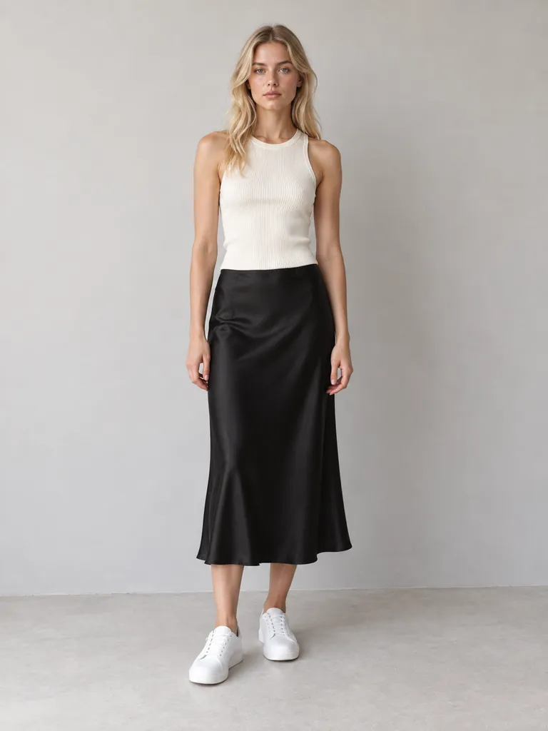 Try-on image: satin midi skirt.