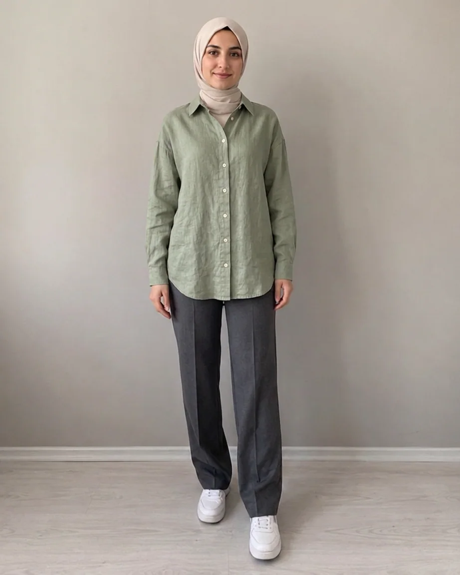 Try-on image: sage linen shirt on the first shopper.